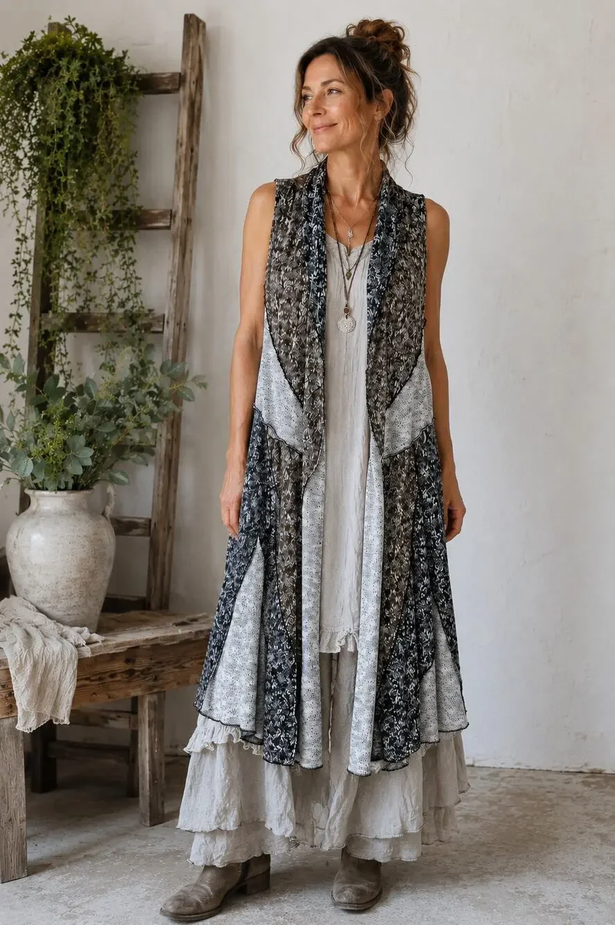Lagenlook Open Knit Duster Vest Large Wool Blend Gray Marled Waterfall Boho - Picture 1 of 15